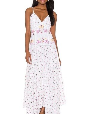 LoveShackFancy White Maxi Dress with Pink and Yellow Floral Embroidery